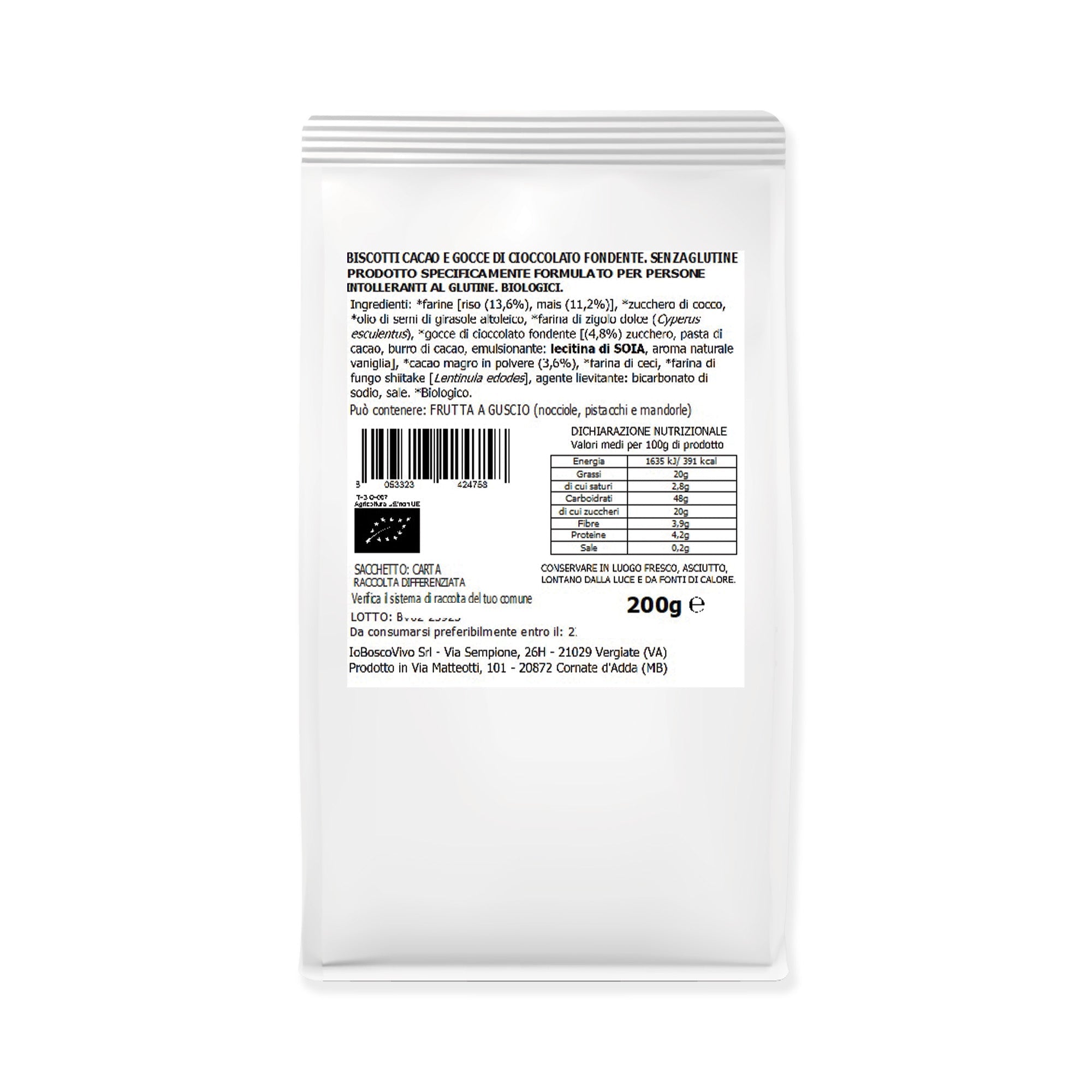 Biscotti S/Glutine al Cacao e gocce di Cioccolato fondente BIO 200g