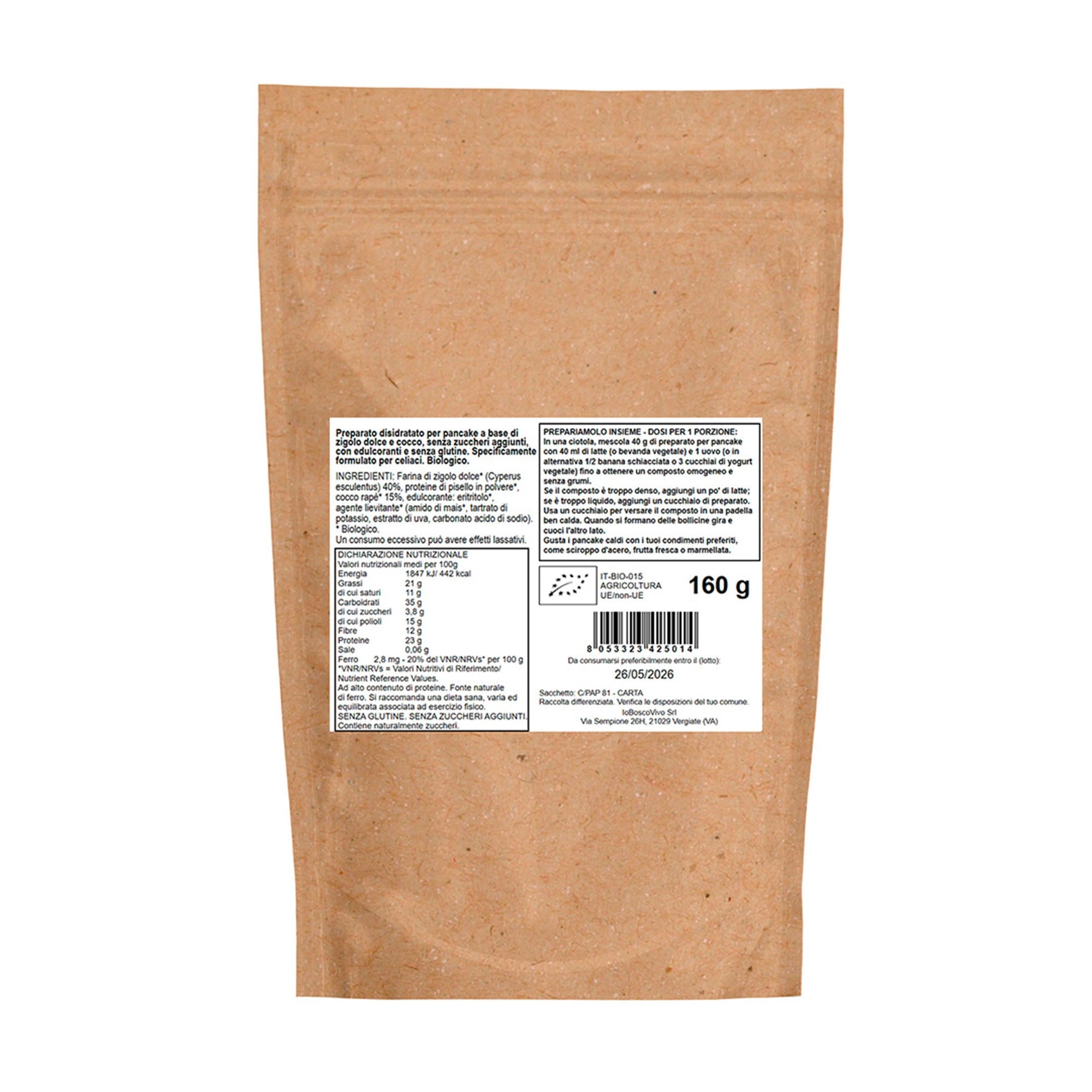 Preparato Bio per Pancake Proteici al Cocco e Chufa Senza Glutine 160g