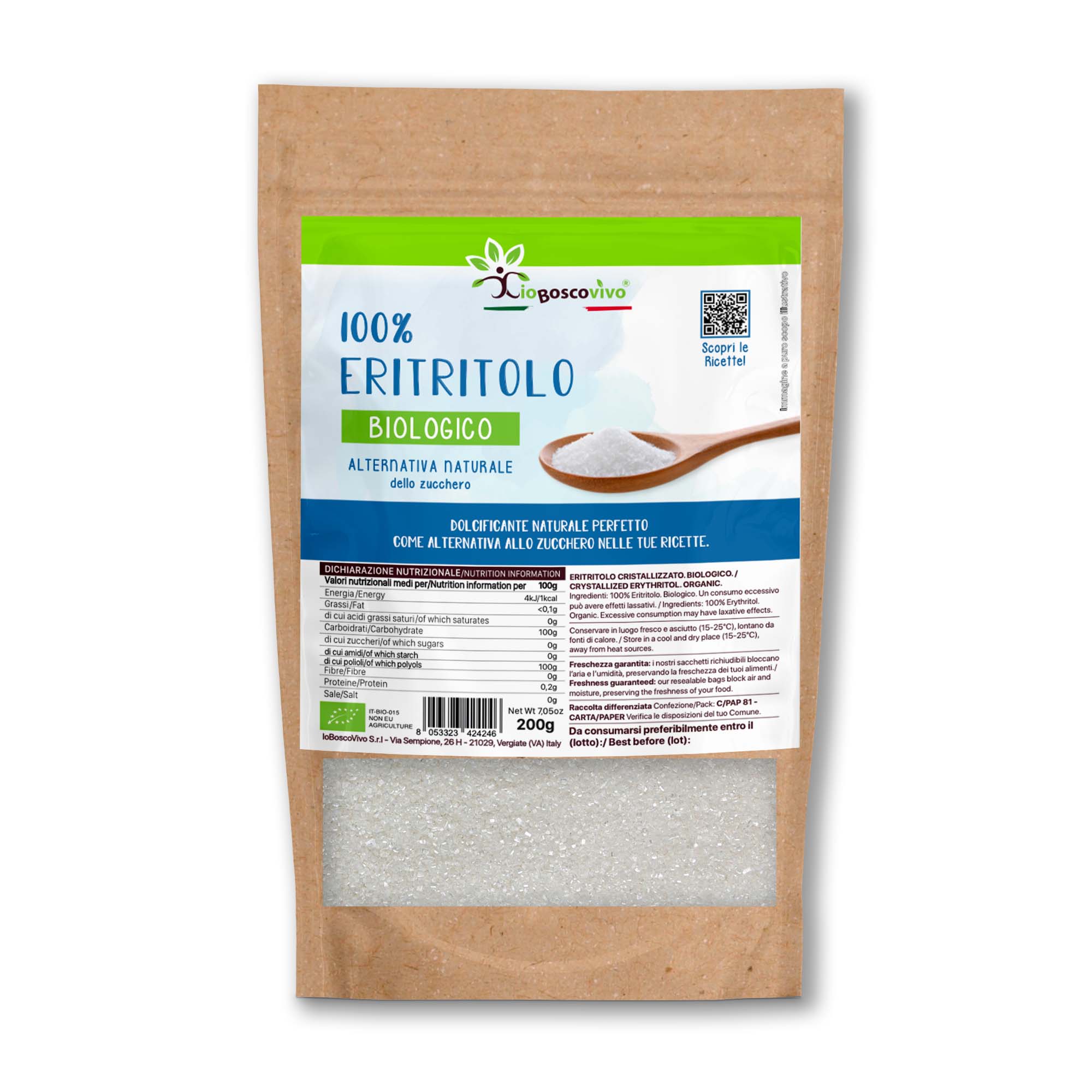 100% Eritritolo in cristalli fini BIO - 200g - Zero Calorie - Ideale per Dieta Chetogenica