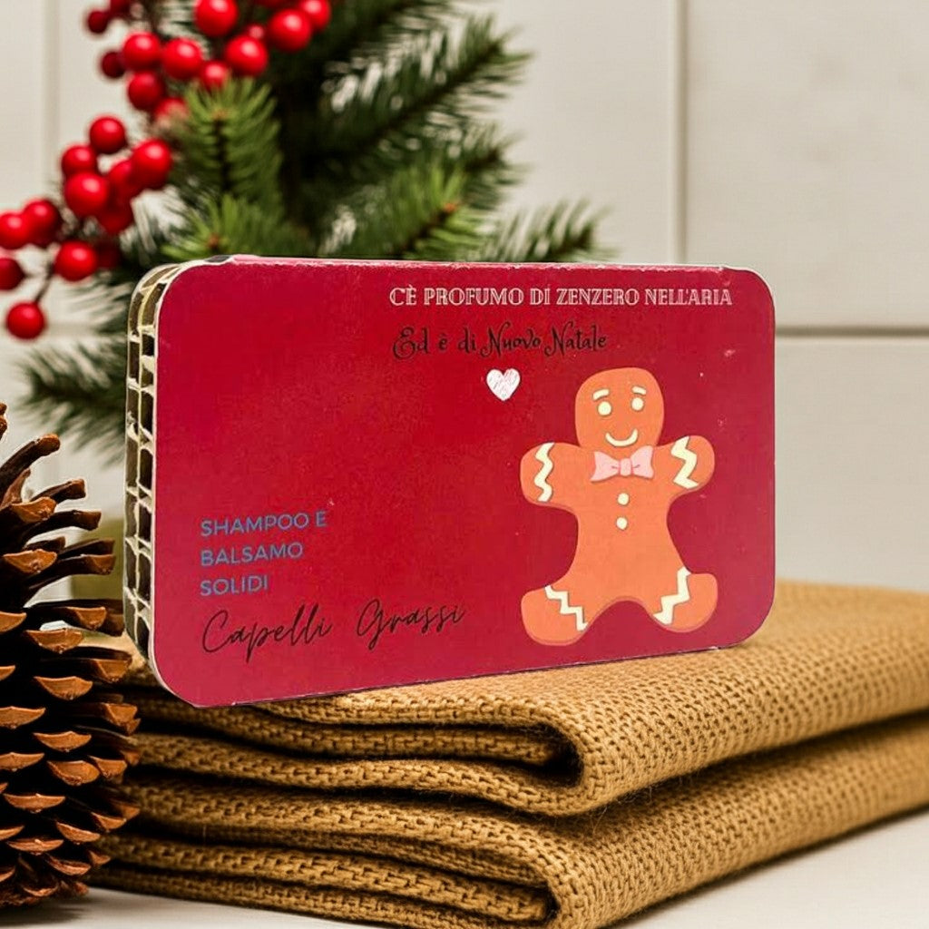 CONFEZIONE NATALIZIA SHAMPOO SOLIDO CAPELLI GRASSI RUGIADA + BALSAMO SOLIDO CAPELLI GRASSI O CON FORFORA YOGURT E CREMA DI RISO