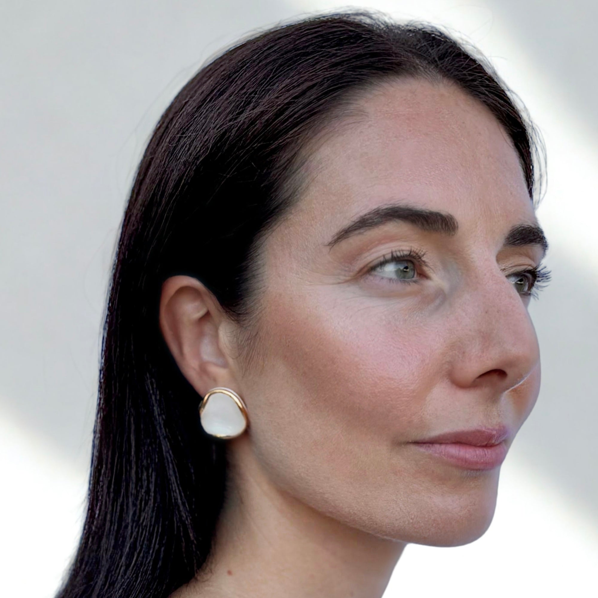 Leda | Handcrafted white ceramic stud earrings with gold luster