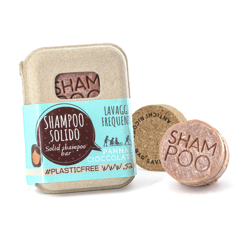 SHAMPOO SOLIDO LAVAGGI FREQUENTI ALLA PANNA E CIOCCOLATO CON BAR SAVER IN SUGHERO